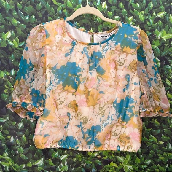 NWT WALTER BAKER pleated neckline cropped blouse women’s Large $178 - Picture 2 of 7